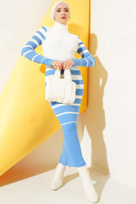 Boğazlı Çizgili Fitilli Triko Elbise İndigo - Thumbnail