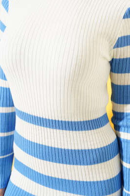 Boğazlı Çizgili Fitilli Triko Elbise İndigo - Thumbnail