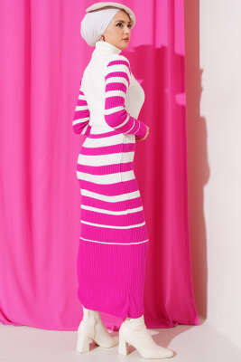 Boğazlı Çizgili Fitilli Triko Elbise Fuşya - Thumbnail