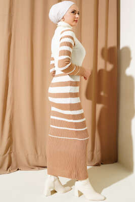 Boğazlı Çizgili Fitilli Triko Elbise Büsküvi - Thumbnail