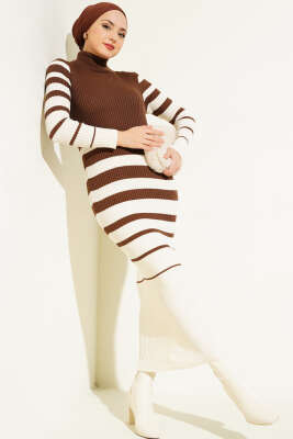 Boğazlı Çizgili Fitilli Triko Elbise Bej - Thumbnail