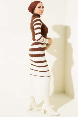 Boğazlı Çizgili Fitilli Triko Elbise Bej - Thumbnail