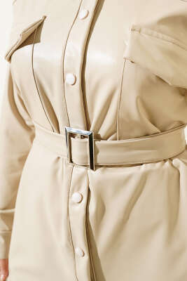 Çıtçıt Düğmeli Kuşaklı Deri Gömlek Bej - Thumbnail