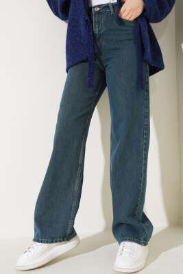 Geniş Paça Palazzo Kot Pantolon Koyu Mavi - Thumbnail