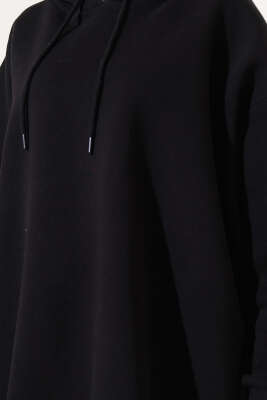 Kapüşonlu Üç İplik Oversize Sweatshirt Siyah - Thumbnail