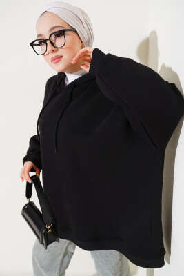 Kapüşonlu Üç İplik Oversize Sweatshirt Siyah - Thumbnail