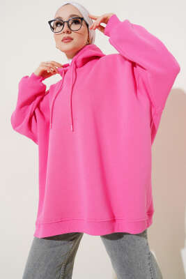 Kapüşonlu Üç İplik Oversize Sweatshirt Pembe - Thumbnail