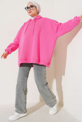 Kapüşonlu Üç İplik Oversize Sweatshirt Pembe - Thumbnail