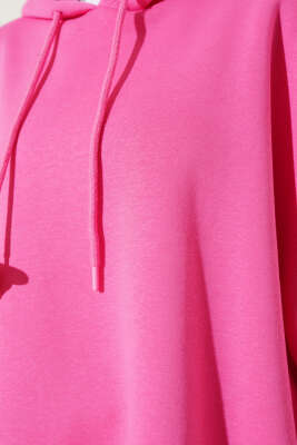 Kapüşonlu Üç İplik Oversize Sweatshirt Pembe - Thumbnail