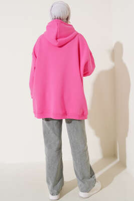 Kapüşonlu Üç İplik Oversize Sweatshirt Pembe - Thumbnail