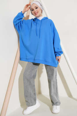Kapüşonlu Üç İplik Oversize Sweatshirt Mavi - Thumbnail