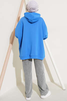 Kapüşonlu Üç İplik Oversize Sweatshirt Mavi - Thumbnail
