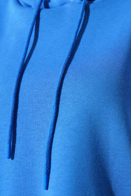 Kapüşonlu Üç İplik Oversize Sweatshirt Mavi - Thumbnail