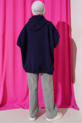 Kapüşonlu Üç İplik Oversize Sweatshirt Lacivert - Thumbnail