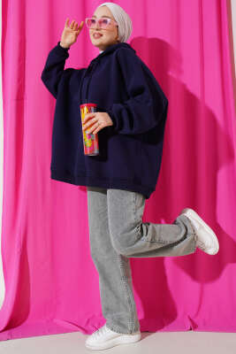Kapüşonlu Üç İplik Oversize Sweatshirt Lacivert - Thumbnail