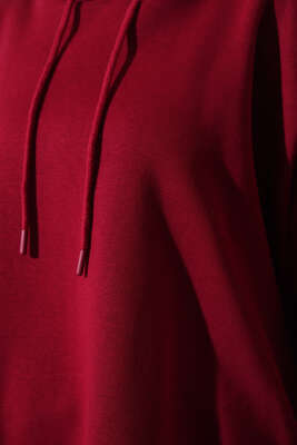 Kapüşonlu Üç İplik Oversize Sweatshirt Bordo - Thumbnail