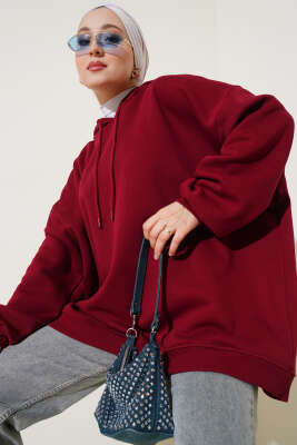 Kapüşonlu Üç İplik Oversize Sweatshirt Bordo - Thumbnail