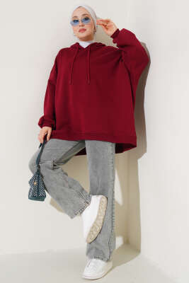 Kapüşonlu Üç İplik Oversize Sweatshirt Bordo - Thumbnail