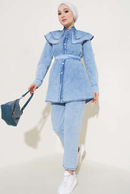 Pazarium - İncili Bebe Yaka Kot İkili Takım Kot Mavisi