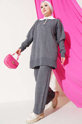 Yakası Sakallı Triko İkili Takım Füme - Thumbnail