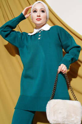 Yakası Sakallı Triko İkili Takım Zümrüt - Thumbnail