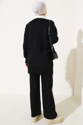 Yakası Sakallı Triko İkili Takım Siyah - Thumbnail