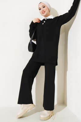 Yakası Sakallı Triko İkili Takım Siyah - Thumbnail