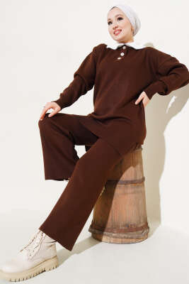 Yakası Sakallı Triko İkili Takım Kahve - Thumbnail