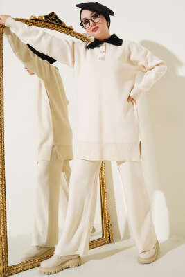 Yakası Sakallı Triko İkili Takım Bej - Thumbnail