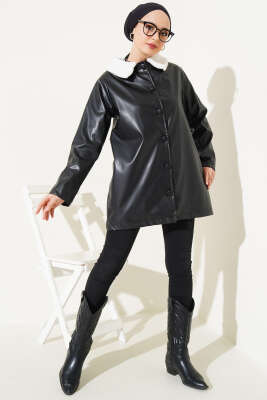 Yaka Peluş Detaylı Düğmeli Deri Ceket Siyah - Thumbnail