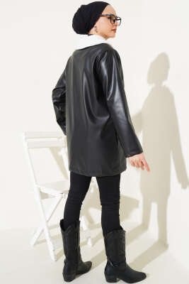 Yaka Peluş Detaylı Düğmeli Deri Ceket Siyah - Thumbnail