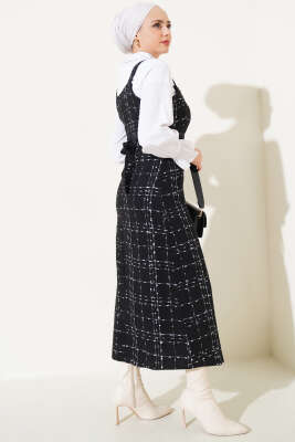 Düğmeli Kuşaklı Tüvit Jile Elbise Siyah - Thumbnail