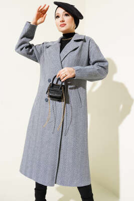 Pazarium - İnce Zikzak Çizgili Kaşe Kaban Duman Gri