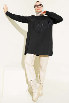 Varak Detaylı Desenli Tunik Siyah - Thumbnail