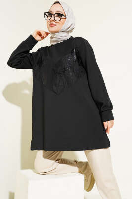 Varak Detaylı Desenli Tunik Siyah - Thumbnail