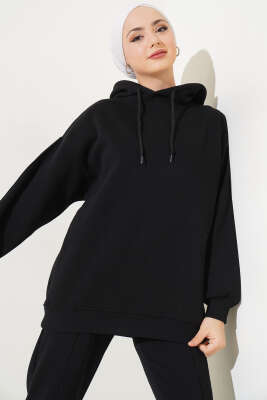 Şardonlu Kapüşonlu Model İkili Takım Siyah - Thumbnail