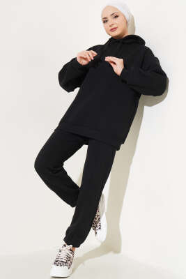 Şardonlu Kapüşonlu Model İkili Takım Siyah - Thumbnail