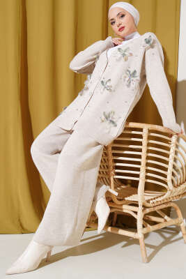 Çiçekli Taşlı Hırkalı Triko İkili Takım Vizon - Thumbnail