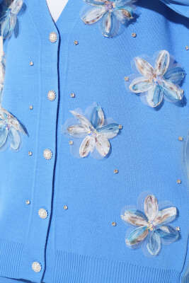 Çiçekli Taşlı Hırkalı Triko İkili Takım Mavi - Thumbnail