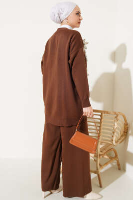 Çiçekli Taşlı Hırkalı Triko İkili Takım Kahve - Thumbnail