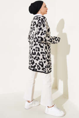 Gold Düğmeli Leopar Desen Triko Hırka Taş - Thumbnail