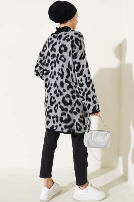 Gold Düğmeli Leopar Desen Triko Hırka Gri - Thumbnail