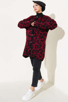 Gold Düğmeli Leopar Desen Triko Hırka Bordo - Thumbnail