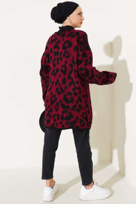 Gold Düğmeli Leopar Desen Triko Hırka Bordo - Thumbnail