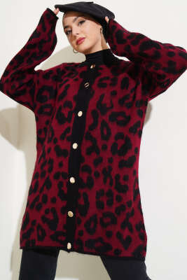 Gold Düğmeli Leopar Desen Triko Hırka Bordo - Thumbnail