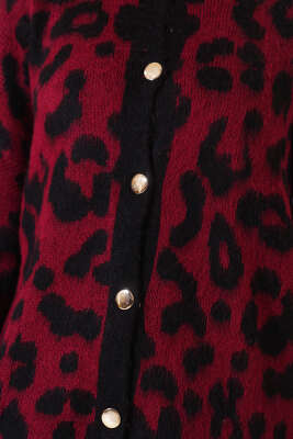 Gold Düğmeli Leopar Desen Triko Hırka Bordo - Thumbnail