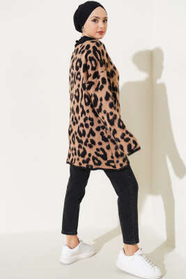Gold Düğmeli Leopar Desen Triko Hırka Bisküvi - Thumbnail