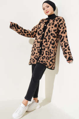 Gold Düğmeli Leopar Desen Triko Hırka Bisküvi - Thumbnail