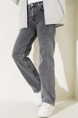 Pazarium - Yüksel Bel Palazzo Pantolon Koyu Gri