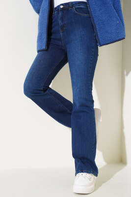 Yüksek Bel İspanyol Paça Pantolon Koyu Mavi - Thumbnail